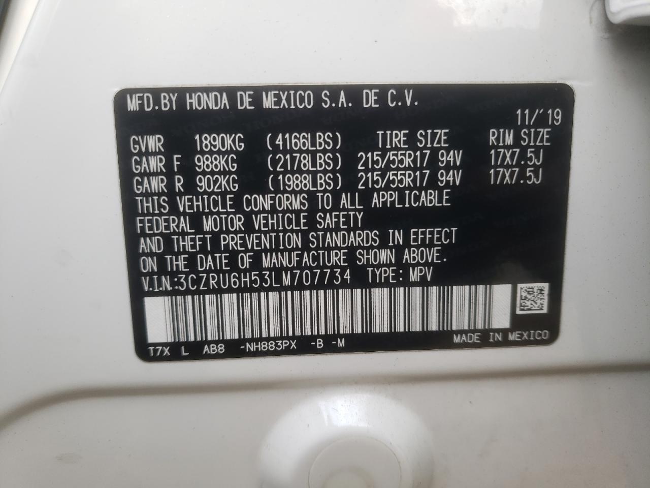 2020 Honda HR-V VIN 3CZRU6H53LM707734 Copart auction photo, front end / mechanical damage thumbnail 15
