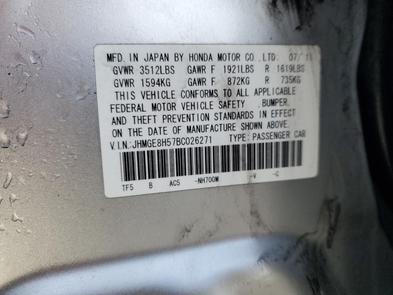 2011 Honda Fit VIN JHMGE8H57BC026271 Copart auction photo, front end damage thumbnail 12
