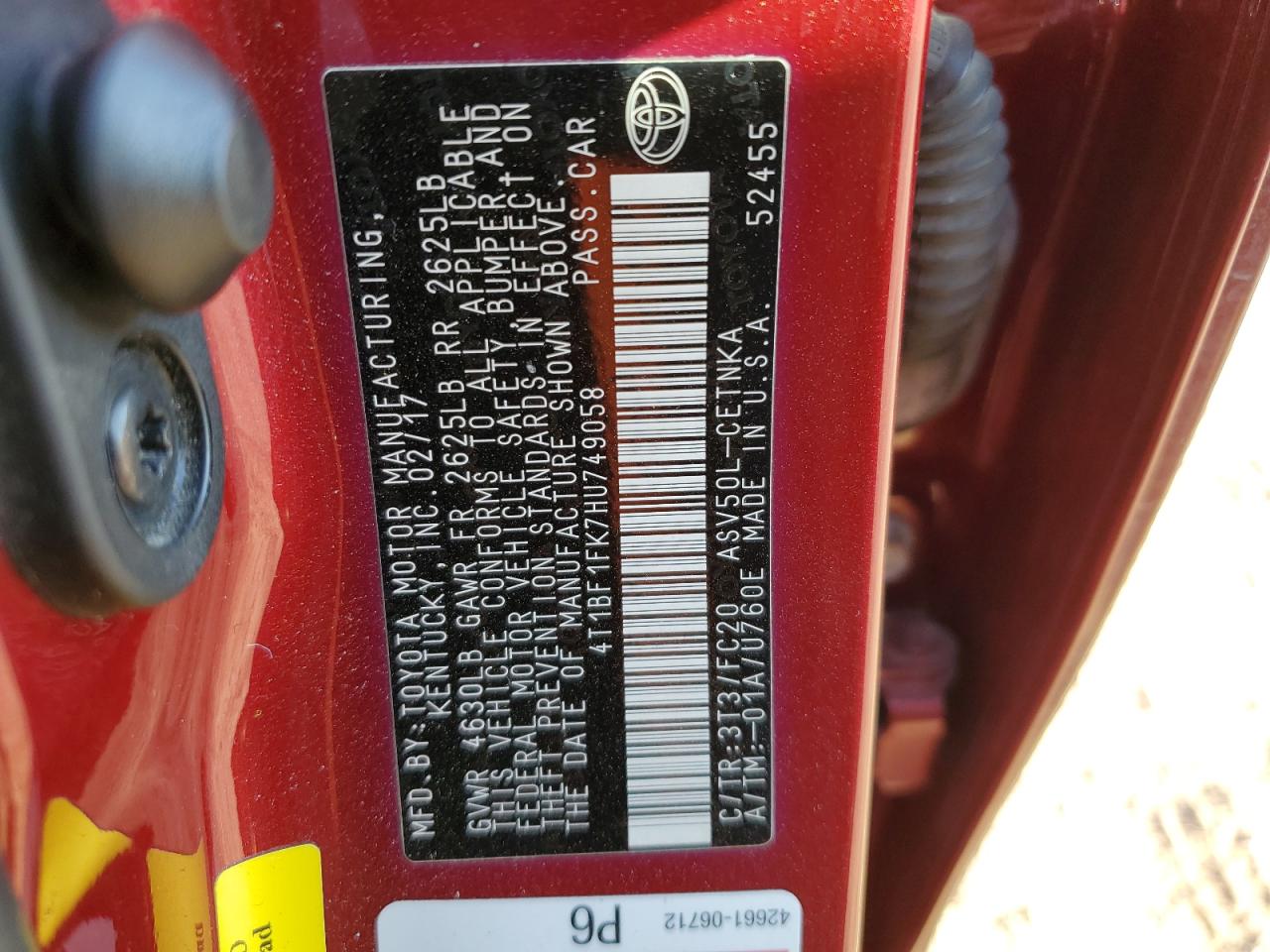 2017 Toyota Camry VIN 4T1BF1FK7HU749058 Copart auction photo, front end / rear end damage thumbnail 14