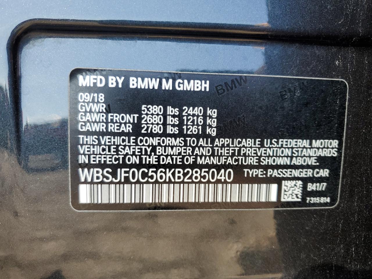2019 BMW M5 VIN WBSJF0C56KB285040 Copart auction photo, front end / side damage thumbnail 12