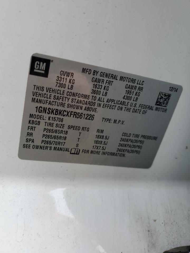 2015 Chevrolet Tahoe VIN 1GNSKBKCXFR561226 Copart auction photo, all over damage thumbnail 13