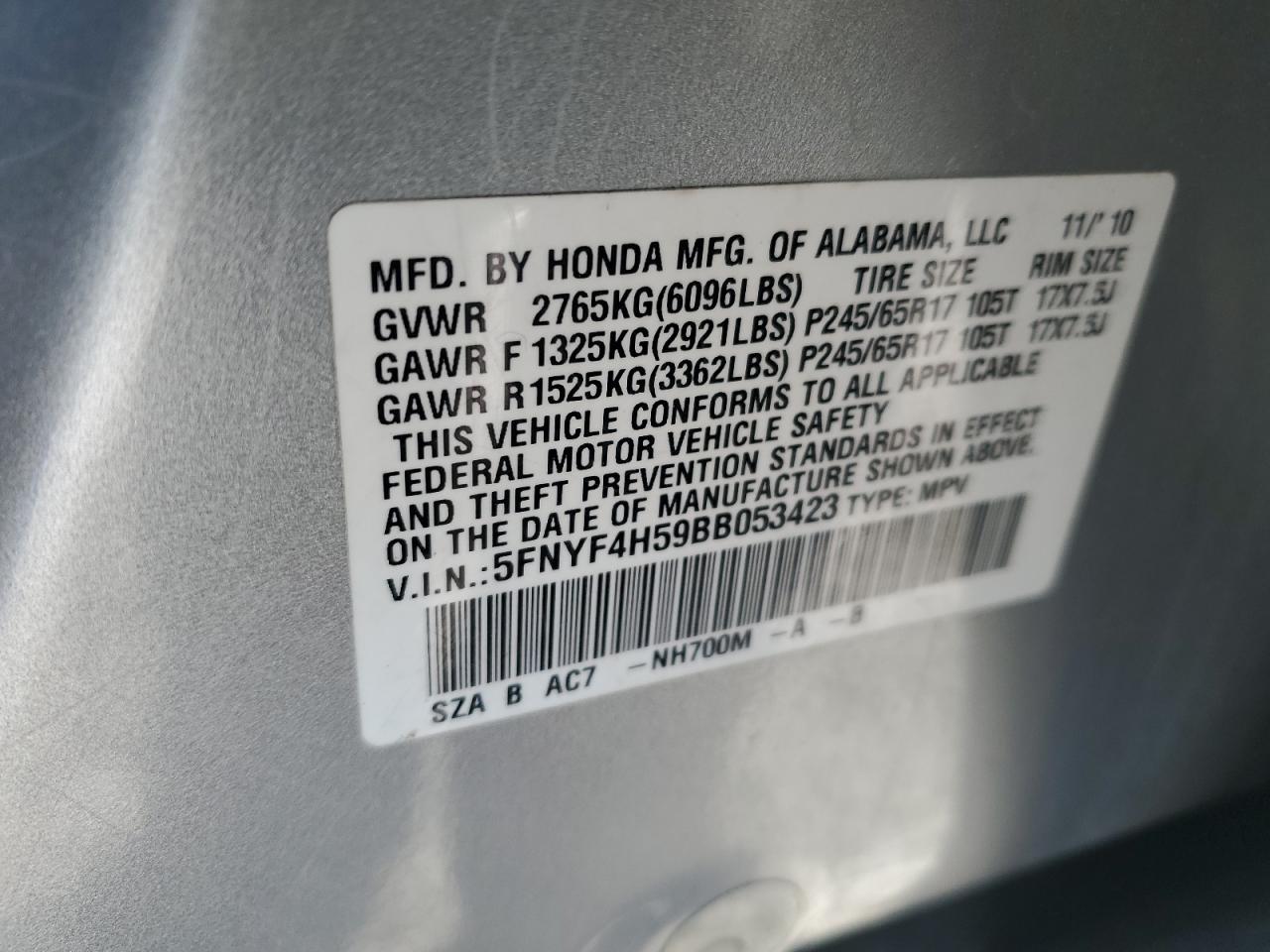 2011 Honda Pilot VIN 5FNYF4H59BB053423 Copart auction photo, front end / undercarriage damage thumbnail 16