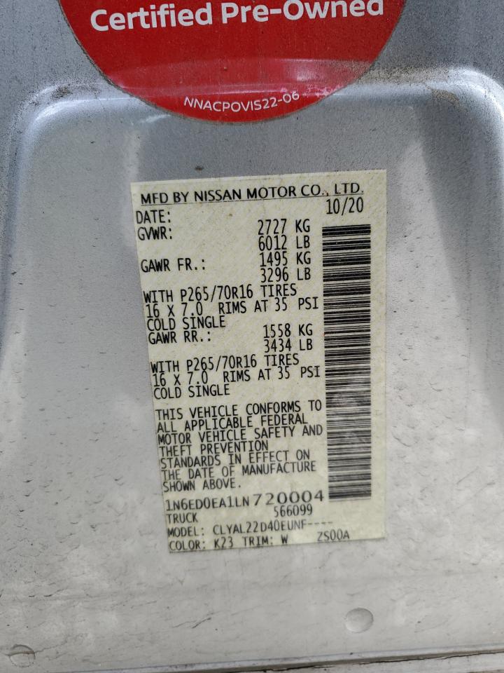 2020 Nissan Navara (Frontier) VIN 1N6ED0EA1LN720004 Copart auction photo, front end / side damage thumbnail 14
