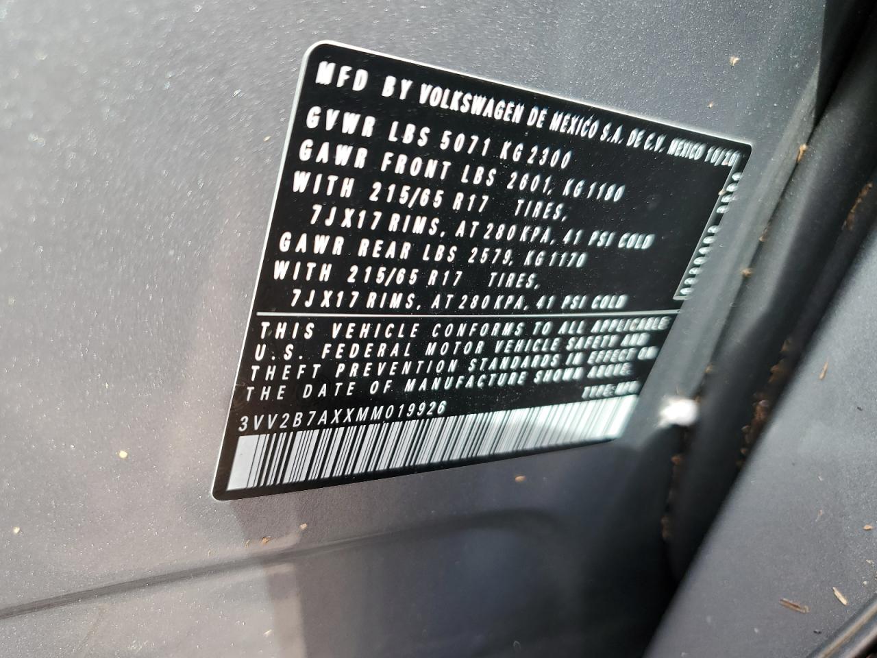 2021 Volkswagen Tiguan VIN 3VV2B7AXXMM019926 Copart auction photo, water/flood damage thumbnail 14