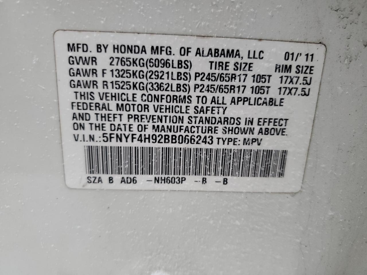 2011 Honda Pilot VIN 5FNYF4H92BB066243 Copart auction photo, front end / normal wear damage thumbnail 13