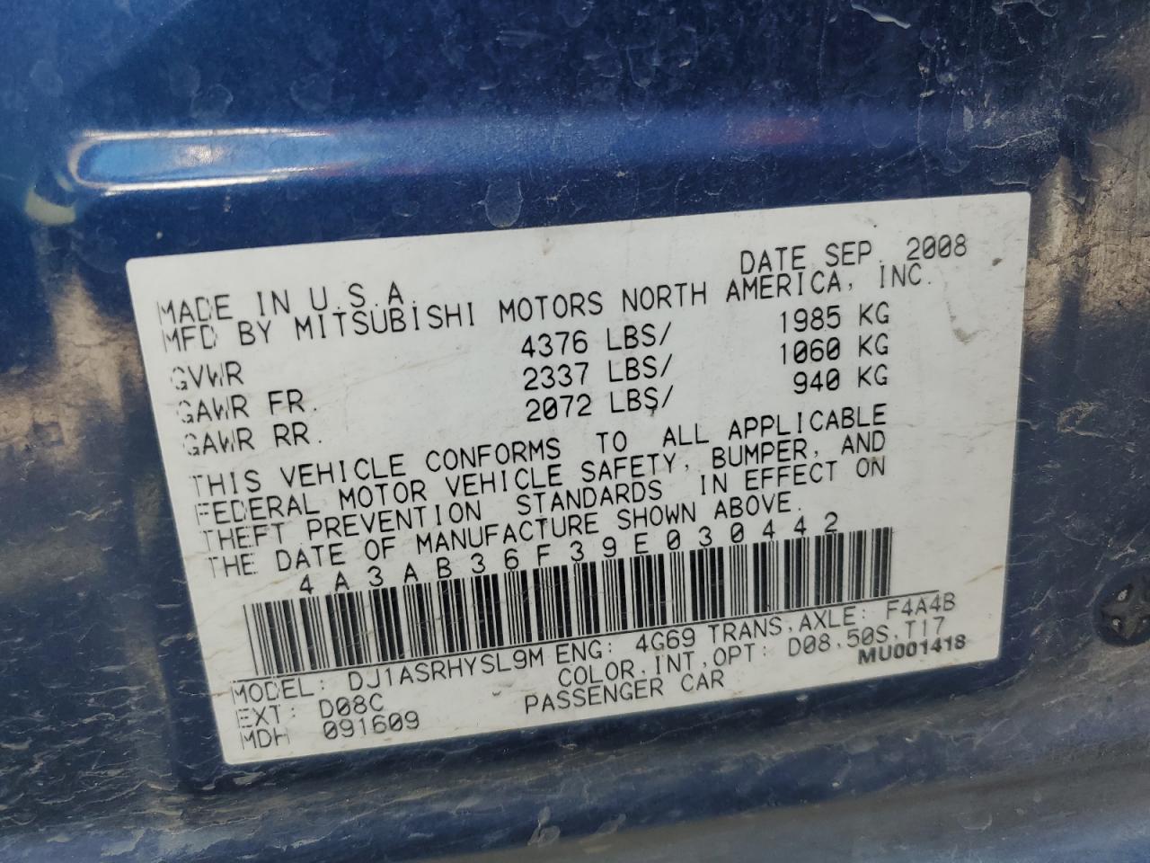 2009 Mitsubishi Galant VIN 4A3AB36F39E030442 Copart auction photo, front end damage thumbnail 12