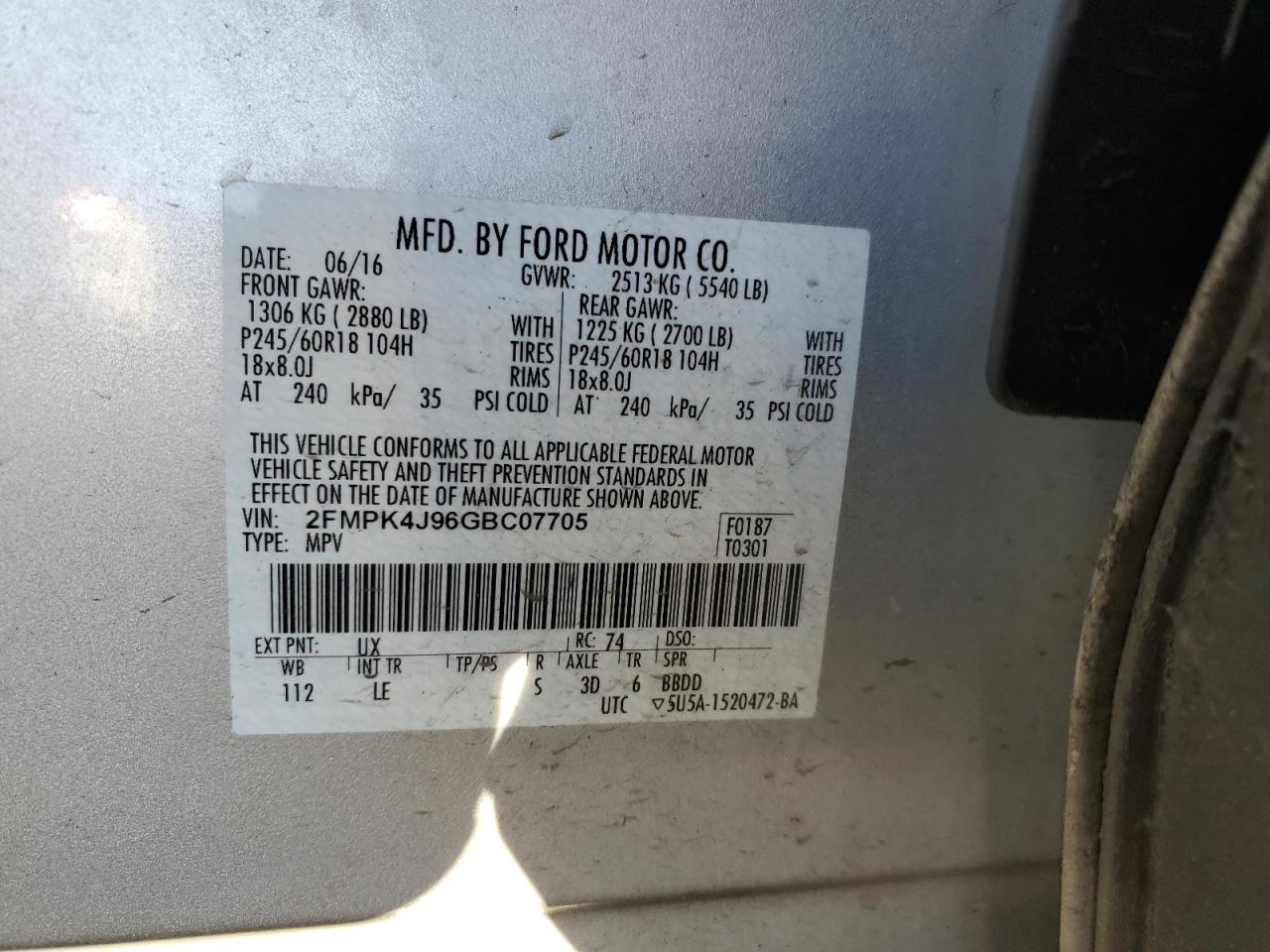 2016 Ford Edge VIN 2FMPK4J96GBC07705 Copart auction photo, rear end / side damage thumbnail 13