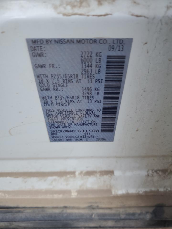2014 Nissan Pathfinder VIN 5N1CR2MM4EC631508 Copart auction photo, water/flood / side damage thumbnail 14