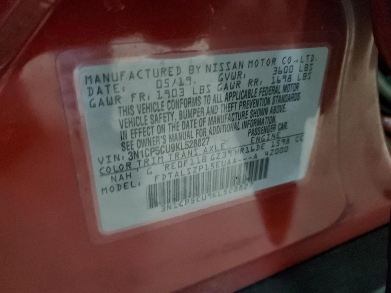 2019 Nissan Kicks VIN 3N1CP5CU9KL528827 Copart auction photo, side / minor dent/scratches damage thumbnail 13