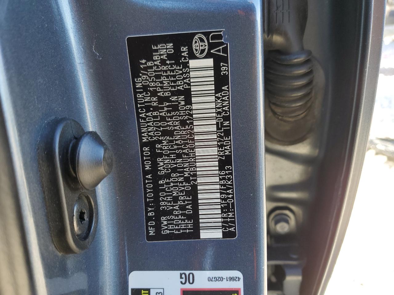 2015 Toyota Corolla VIN 2T1BURHE0FC251729 Copart auction photo, rear end damage thumbnail 15