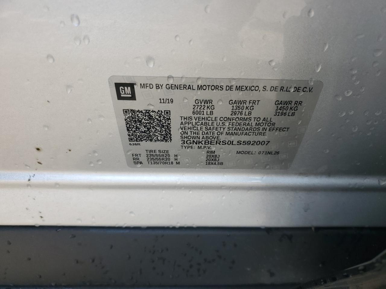 2020 Chevrolet Blazer VIN 3GNKBERS0LS592007 Copart auction photo, front end / side damage thumbnail 14
