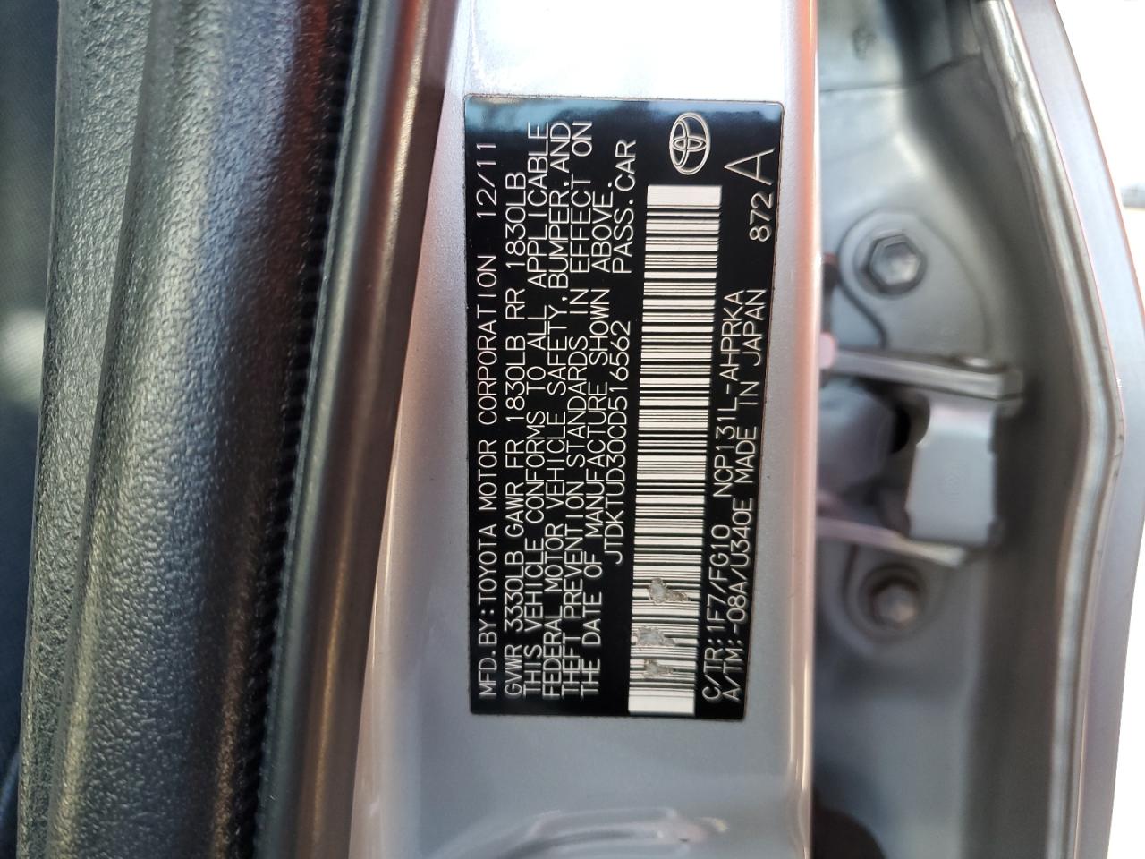 2012 Toyota Yaris VIN JTDKTUD30CD516562 Copart auction photo, all over damage thumbnail 12