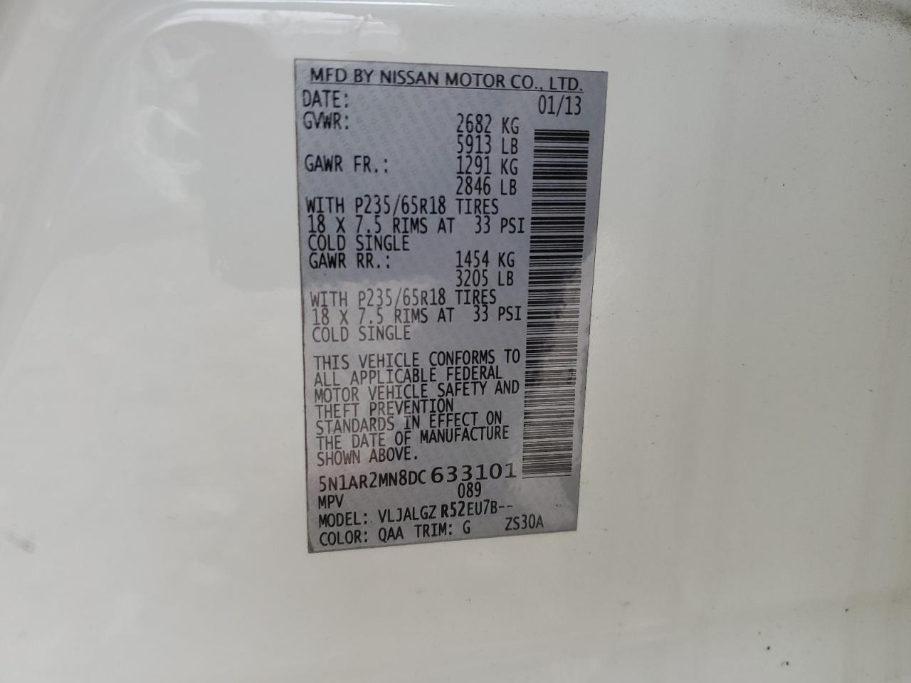 2013 Nissan Pathfinder VIN 5N1AR2MN8DC633101 Copart auction photo, front end / rear end damage thumbnail 14