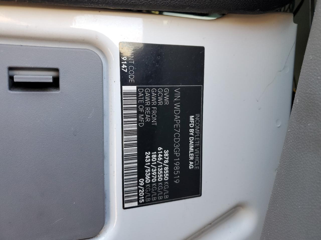 2016 Mercedes-Benz Sprinter VIN WDAPE7CD3GP198519 Copart auction photo, front end / undercarriage damage thumbnail 13