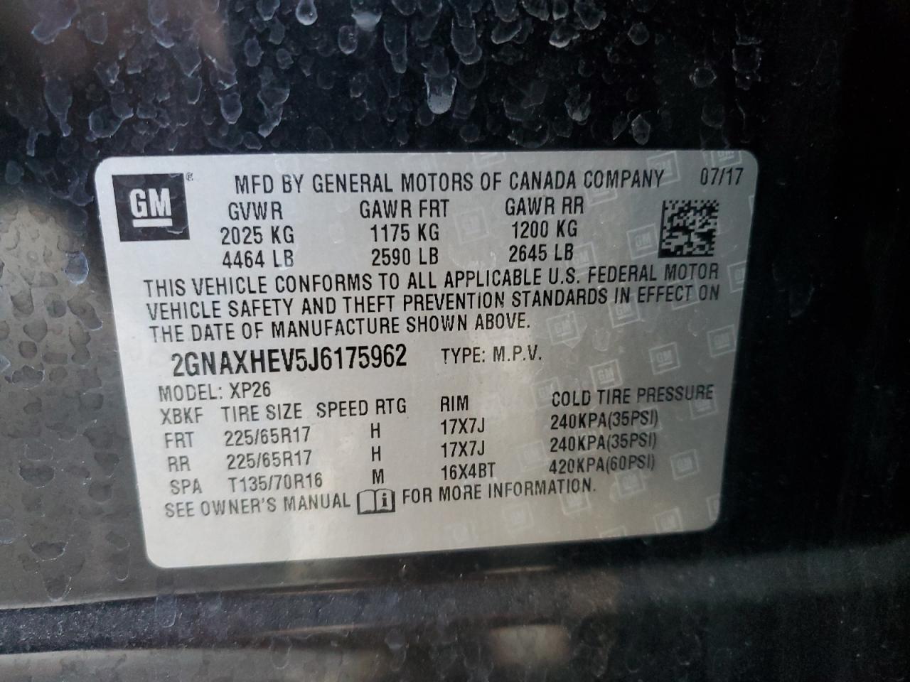 2018 Chevrolet Equinox VIN 2GNAXHEV5J6175962 Copart auction photo, front end / minor dent/scratches damage thumbnail 14