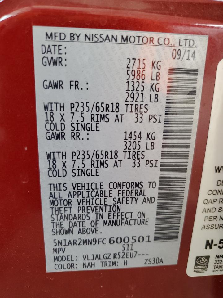 2015 Nissan Pathfinder VIN 5N1AR2MN9FC600501 Copart auction photo, front end damage thumbnail 13