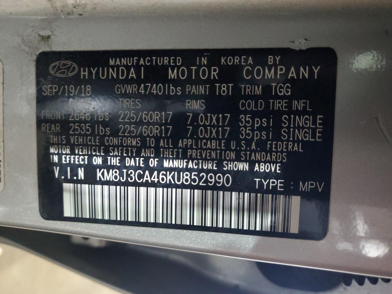 2019 Hyundai Tucson VIN KM8J3CA46KU852990 Copart auction photo, undercarriage / all over damage thumbnail 13