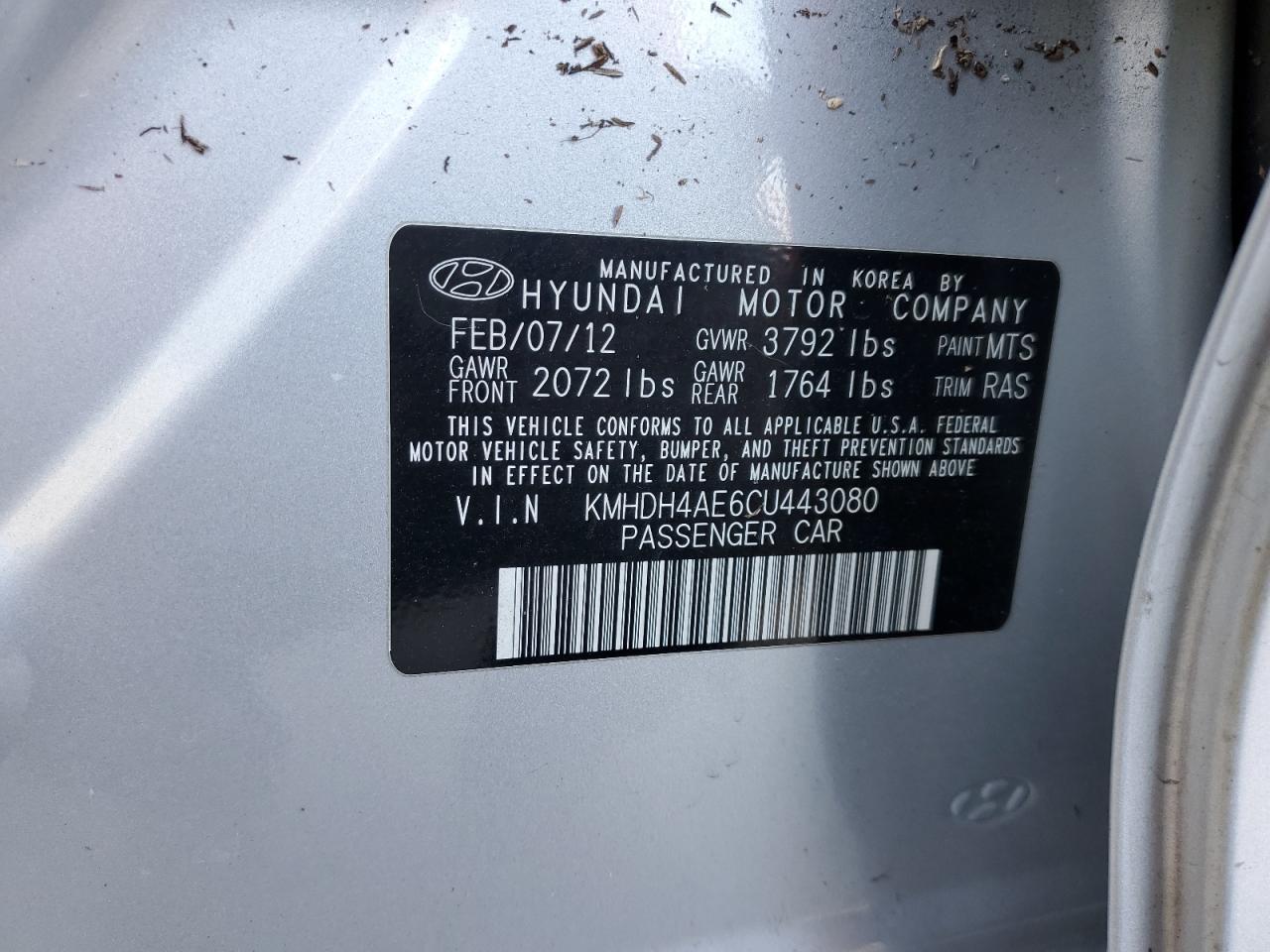 2012 Hyundai Elantra VIN KMHDH4AE6CU443080 Copart auction photo, water/flood damage thumbnail 13
