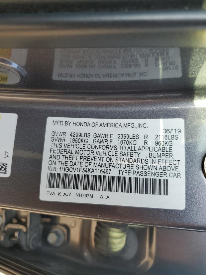 2019 Honda Accord VIN 1HGCV1F54KA116467 Copart auction photo, front end / side damage thumbnail 12