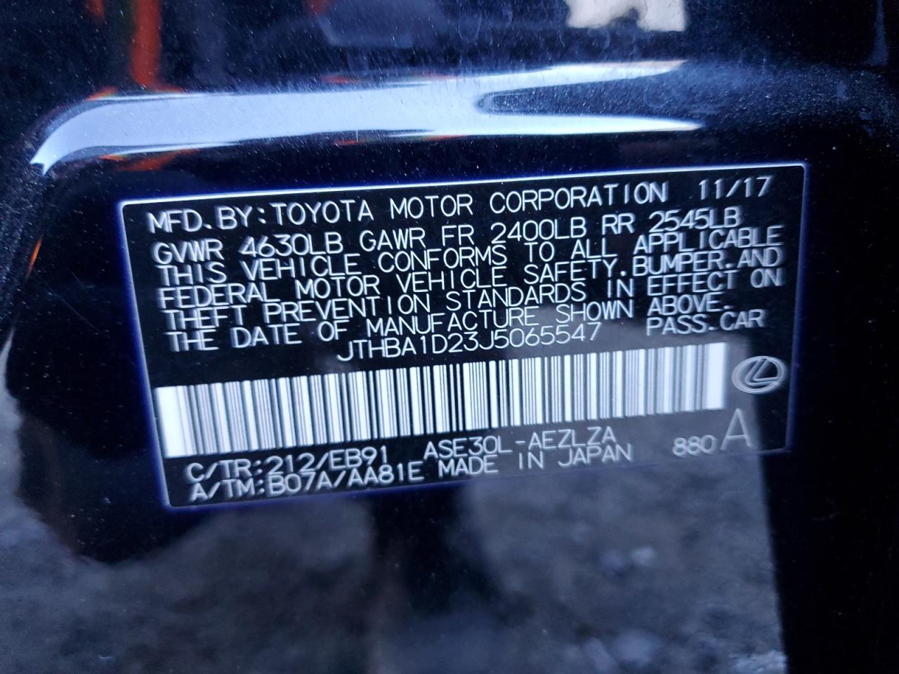 2018 Lexus IS VIN JTHBA1D23J5065547 Copart auction photo, front end damage thumbnail 12