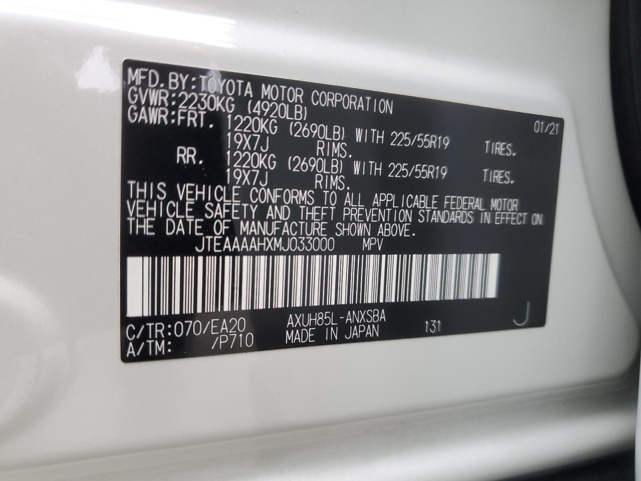 2021 Toyota Venza VIN JTEAAAAHXMJ033000 Copart auction photo, top/roof / minor dent/scratches damage thumbnail 13