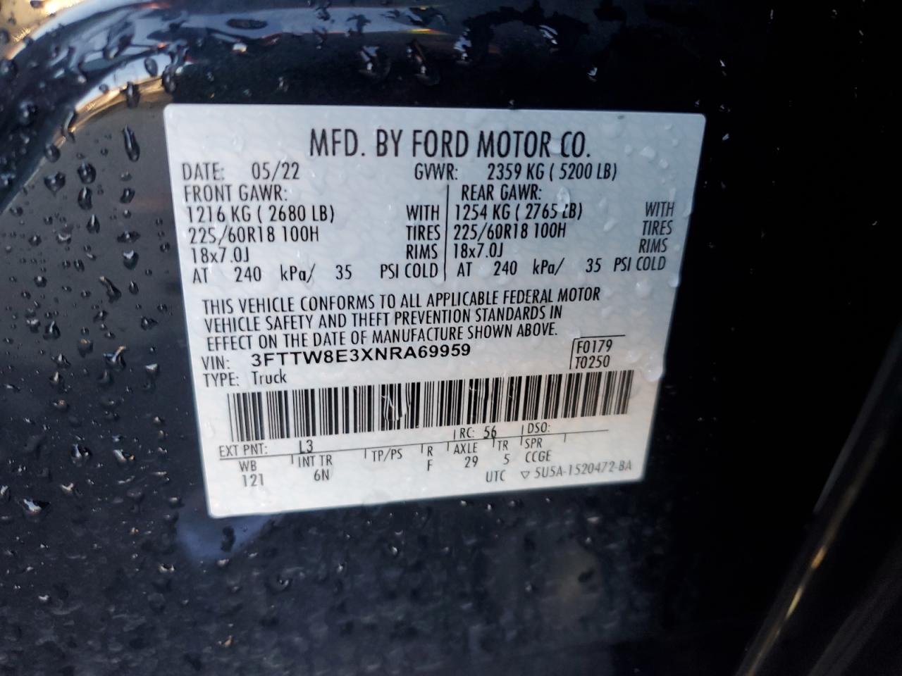 2022 Ford Maverick VIN 3FTTW8E3XNRA69959 Copart auction photo, front end damage thumbnail 12