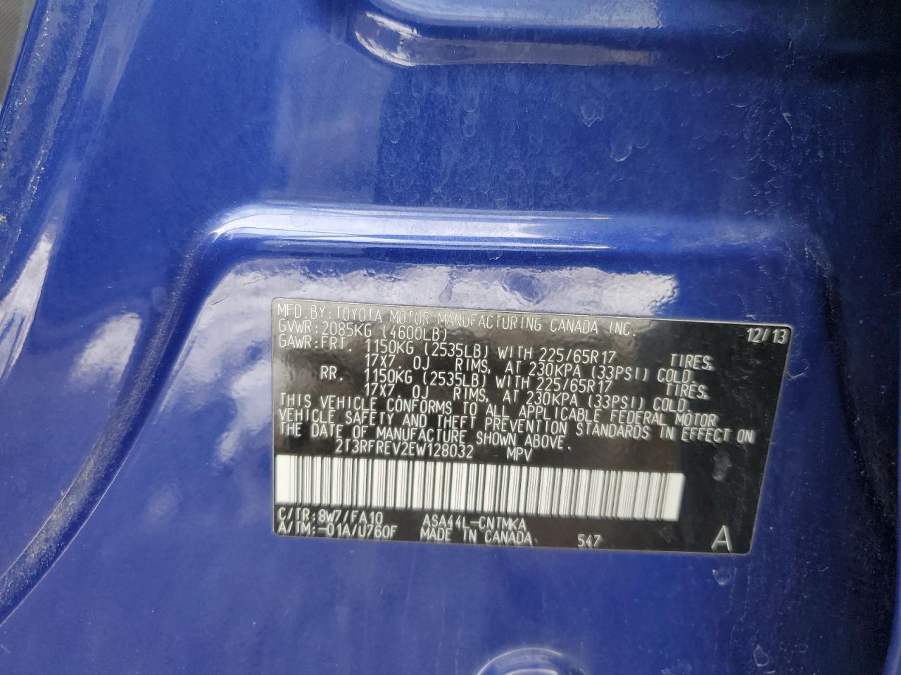 2014 Toyota RAV 4 VIN 2T3RFREV2EW128032 Copart auction photo, all over damage thumbnail 14