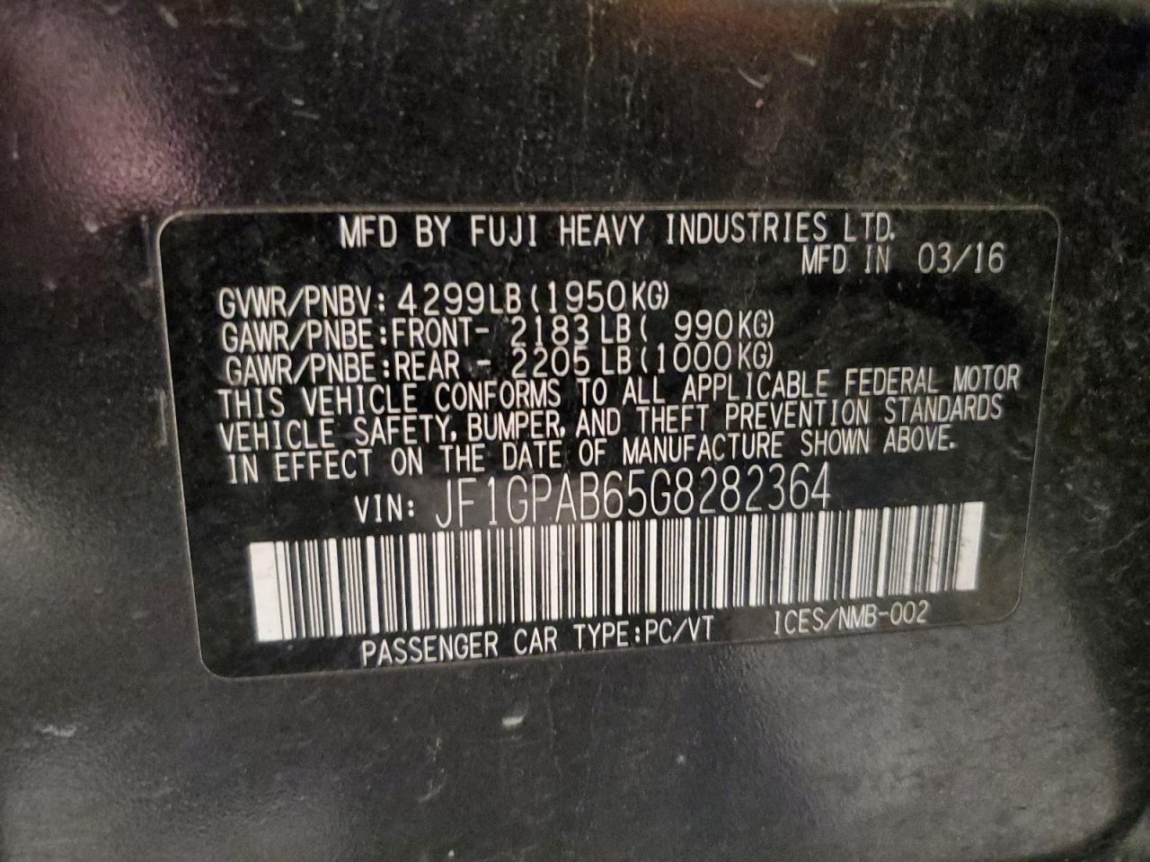 2016 Subaru Impreza VIN JF1GPAB65G8282364 Copart auction photo, front end / rear end damage thumbnail 12