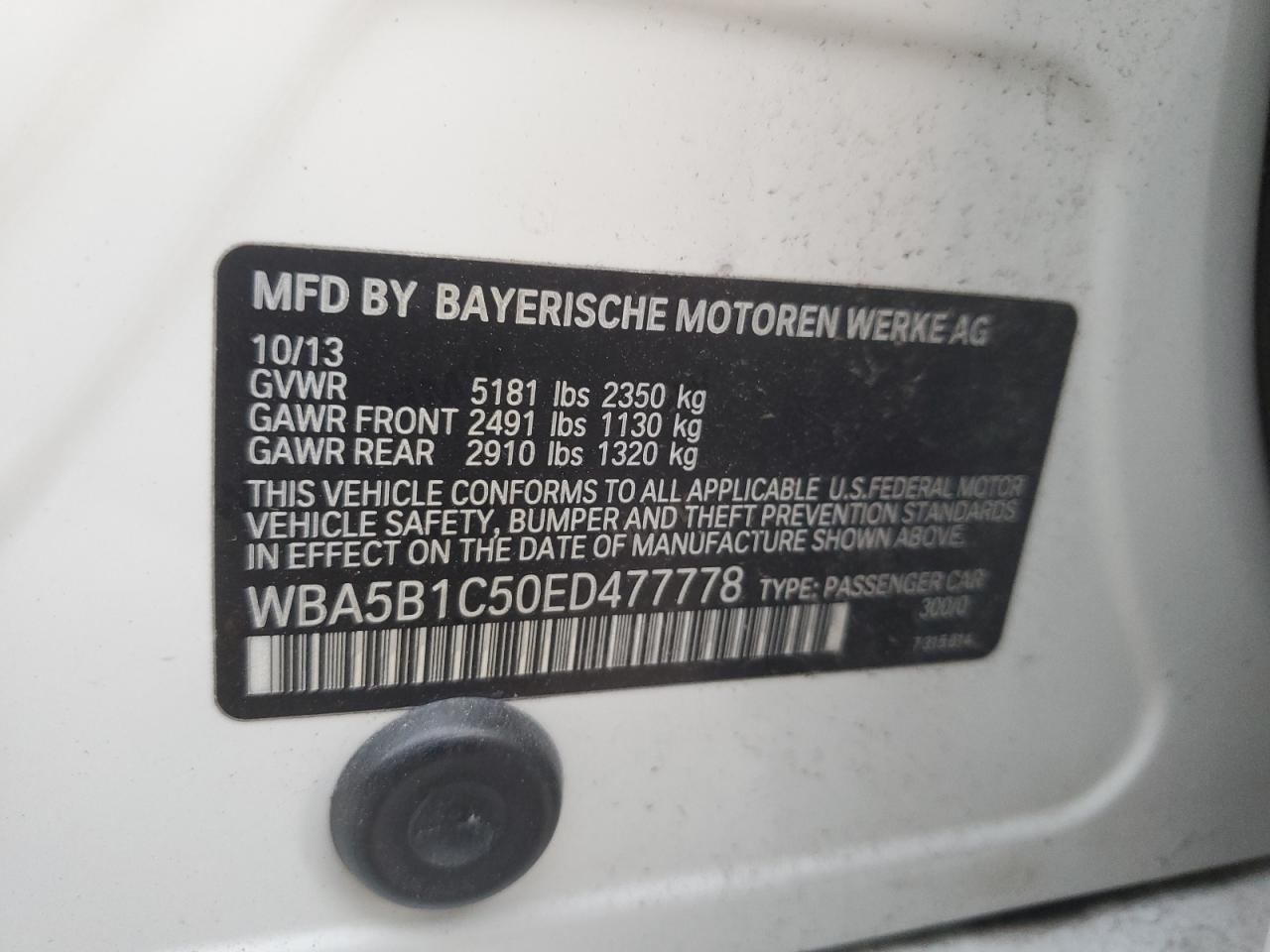 2014 BMW 5er VIN WBA5B1C50ED477778 Copart auction photo, water/flood damage thumbnail 12