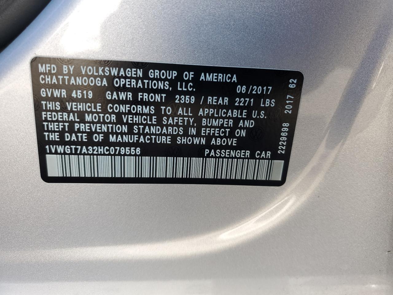 2017 Volkswagen Passat VIN 1VWGT7A32HC079556 Copart auction photo, rear end / side damage thumbnail 12