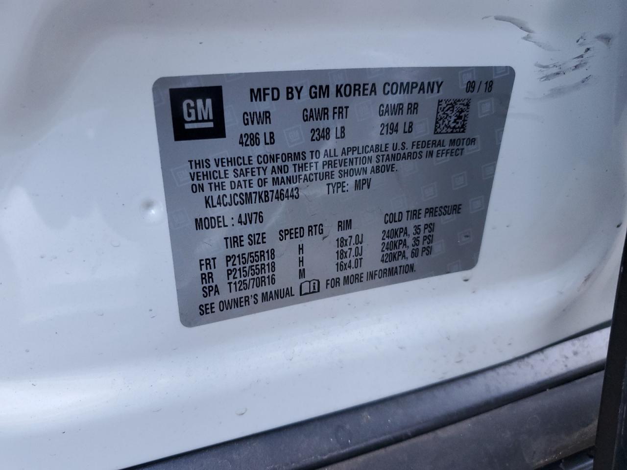2019 Buick Encore VIN KL4CJCSM7KB746443 Copart auction photo, side damage thumbnail 14