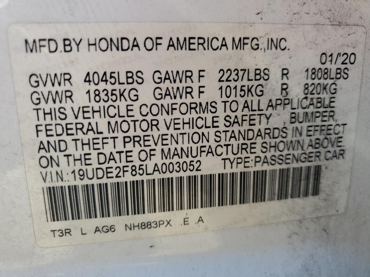2020 Acura ILX VIN 19UDE2F85LA003052 Copart auction photo, all over / top/roof damage thumbnail 12