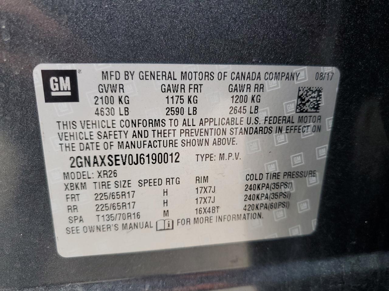 2018 Chevrolet Equinox VIN 2GNAXSEV0J6190012 Copart auction photo, water/flood damage thumbnail 13