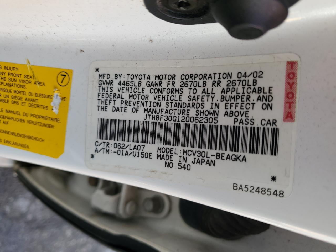 2002 Lexus ES VIN JTHBF30G120062305 Copart auction photo, front end damage thumbnail 12