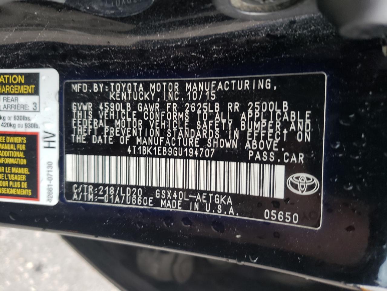 2016 Toyota Avalon VIN 4T1BK1EB9GU194707 Copart auction photo, front end damage thumbnail 14