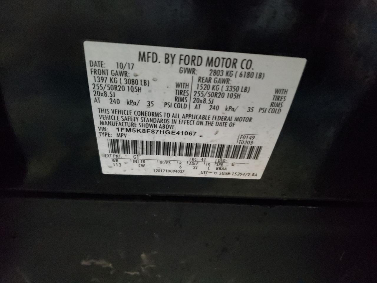 2017 Ford Explorer VIN 1FM5K8F87HGE41067 Copart auction photo, all over damage thumbnail 16