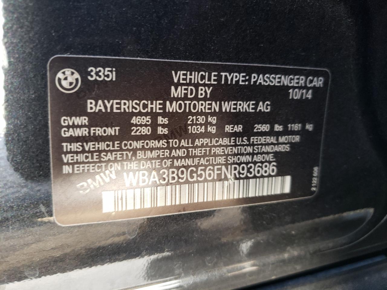 2015 BMW 3er VIN WBA3B9G56FNR93686 Copart auction photo, front end damage thumbnail 12