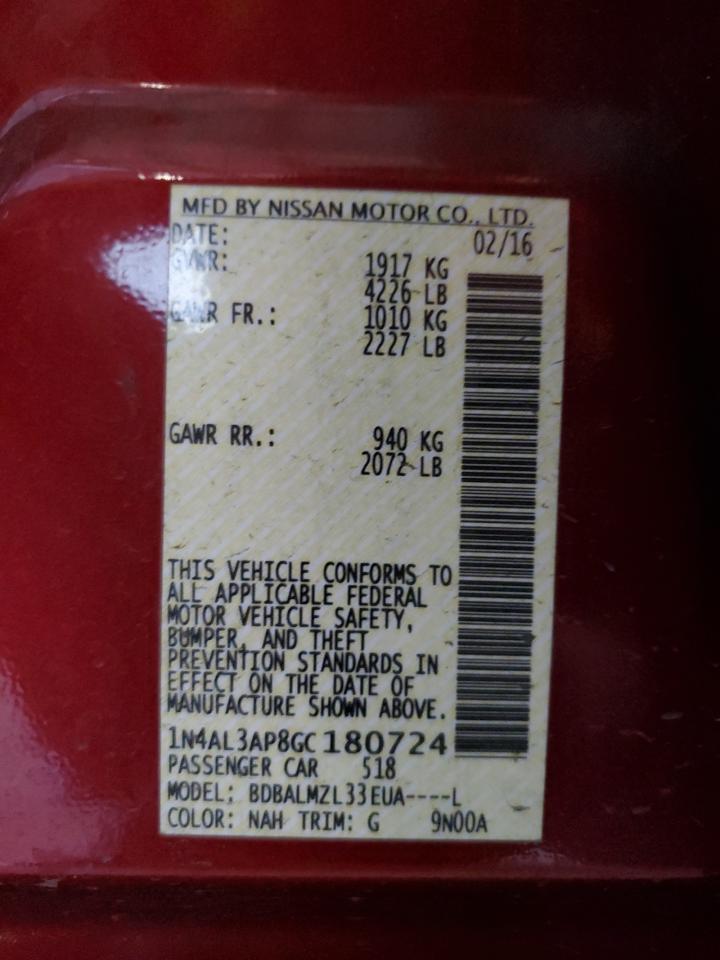 2016 Nissan Altima VIN 1N4AL3AP8GC180724 Copart auction photo, front end damage thumbnail 14