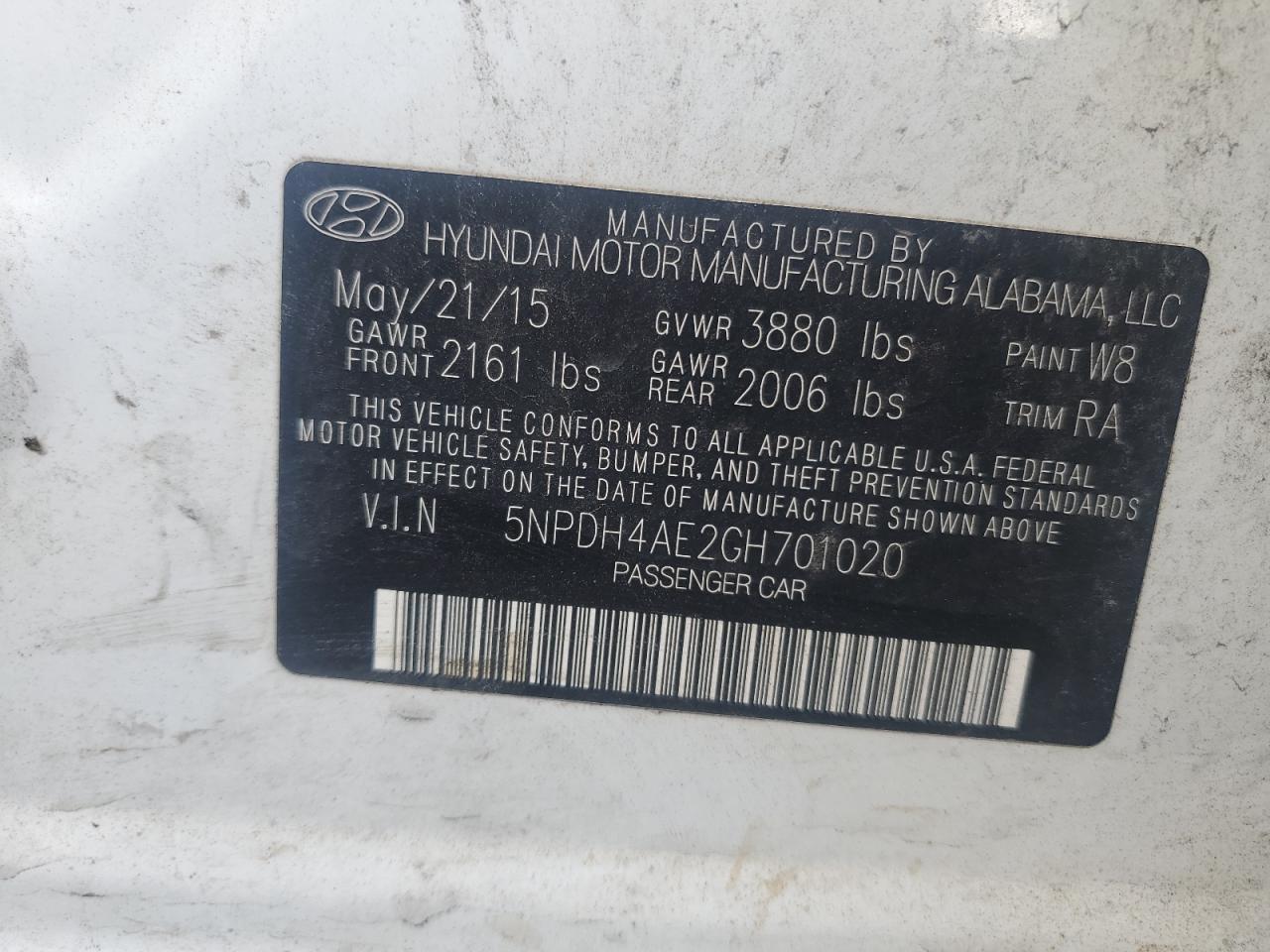 2016 Hyundai Elantra VIN 5NPDH4AE2GH701020 Copart auction photo, water/flood damage thumbnail 12
