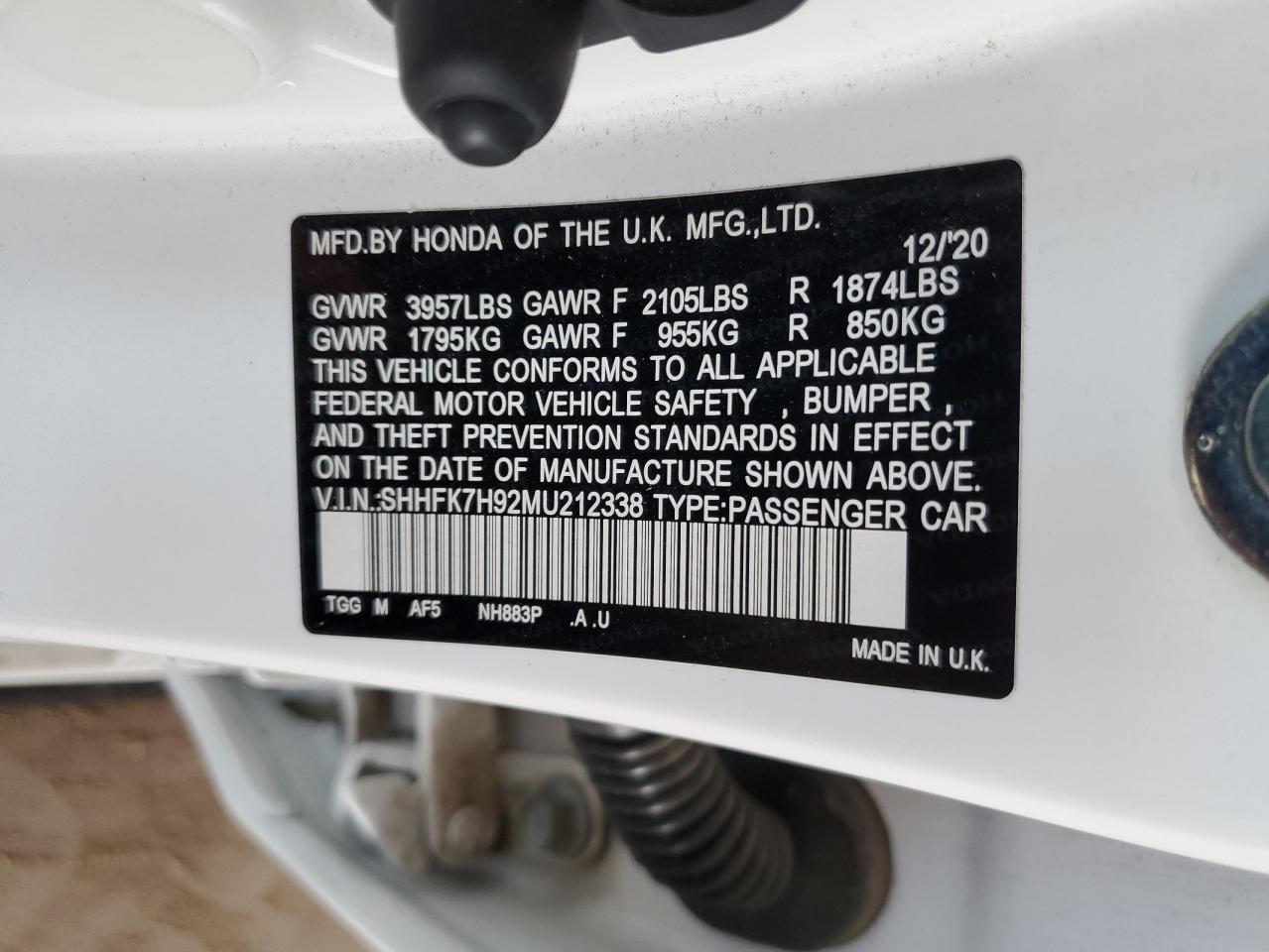 2021 Honda Civic VIN SHHFK7H92MU212338 Copart auction photo, front end / mechanical damage thumbnail 12