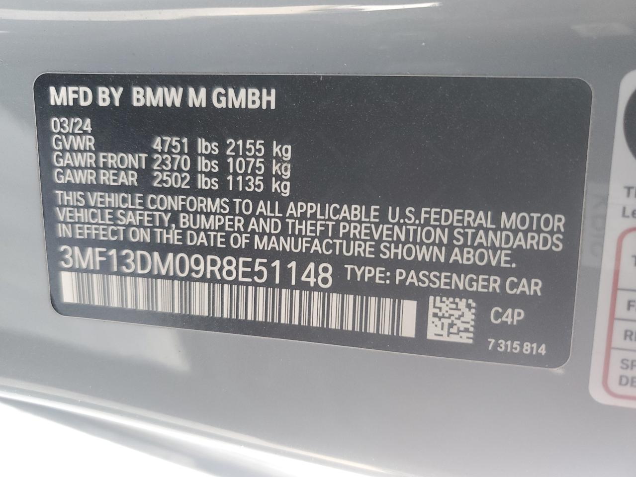 2024 BMW M2 VIN 3MF13DM09R8E51148 Copart auction photo, side damage thumbnail 13