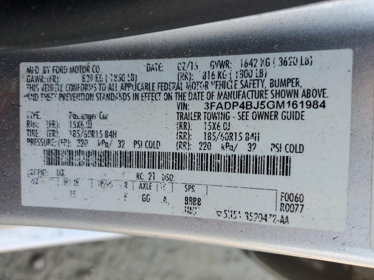 2016 Ford Fiesta VIN 3FADP4BJ5GM161984 Copart auction photo, top/roof / minor dent/scratches damage thumbnail 12