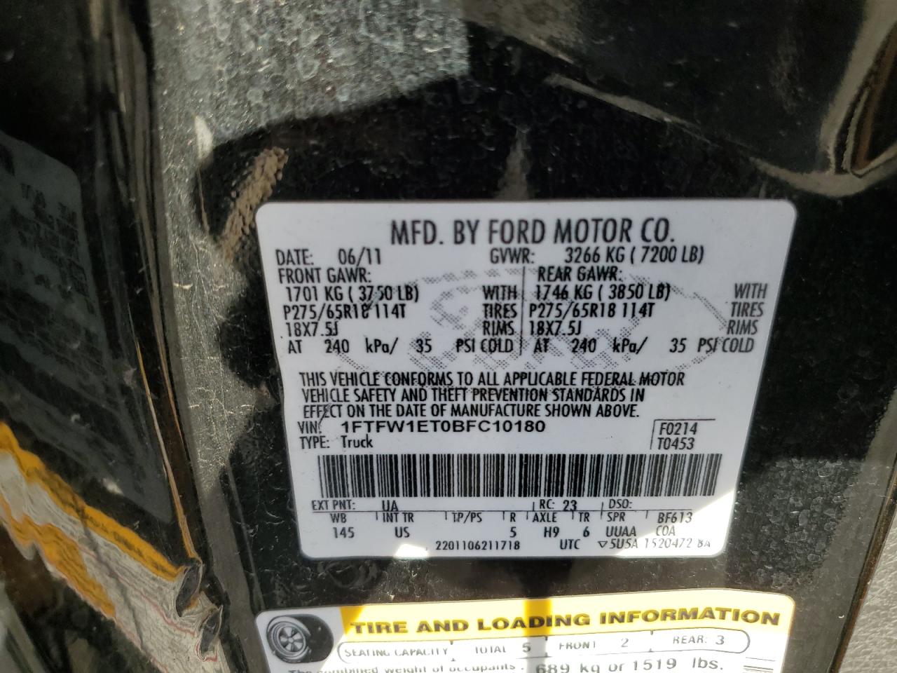 2011 Ford F-150 VIN 1FTFW1ET0BFC10180 Copart auction photo, side damage thumbnail 12