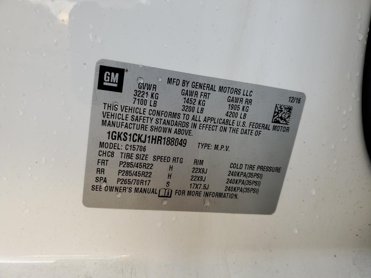 2017 GMC Yukon VIN 1GKS1CKJ1HR188049 Copart auction photo, rear end / front end damage thumbnail 12