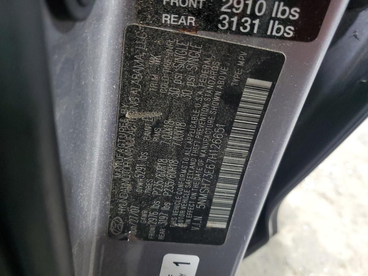 2007 Hyundai Santa Fe VIN 5NMSH73E67H126651 Copart auction photo, front end / side damage thumbnail 15