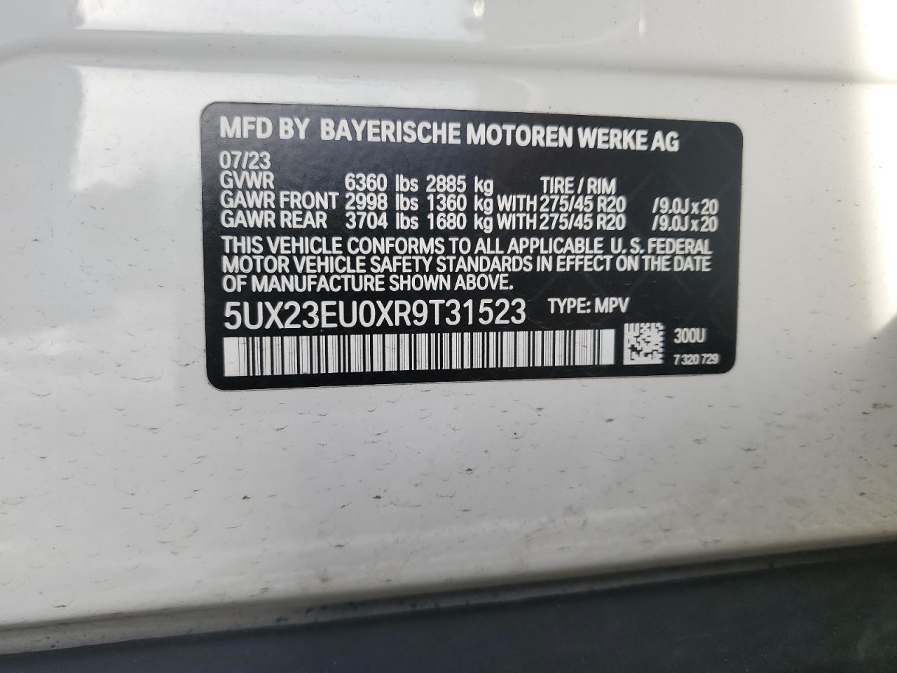 2024 BMW X5 VIN 5UX23EU0XR9T31523 Copart auction photo, side / rear end damage thumbnail 13