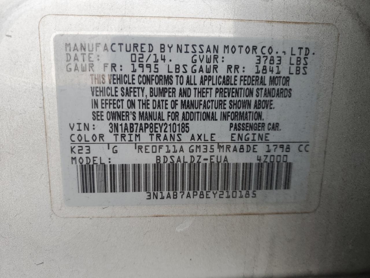2014 Nissan Sentra VIN 3N1AB7AP8EY210185 Copart auction photo, front end damage thumbnail 14