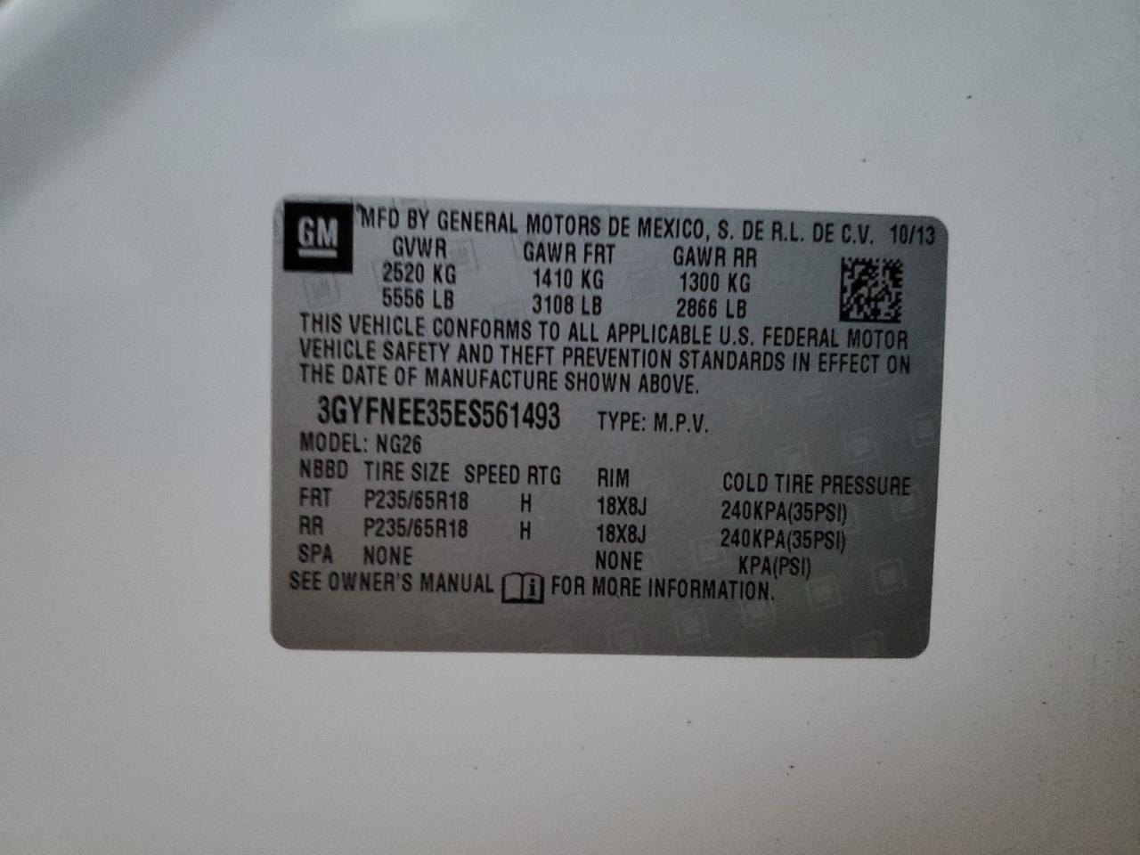 2014 Cadillac SRX VIN 3GYFNEE35ES561493 Copart auction photo, rear end damage thumbnail 13
