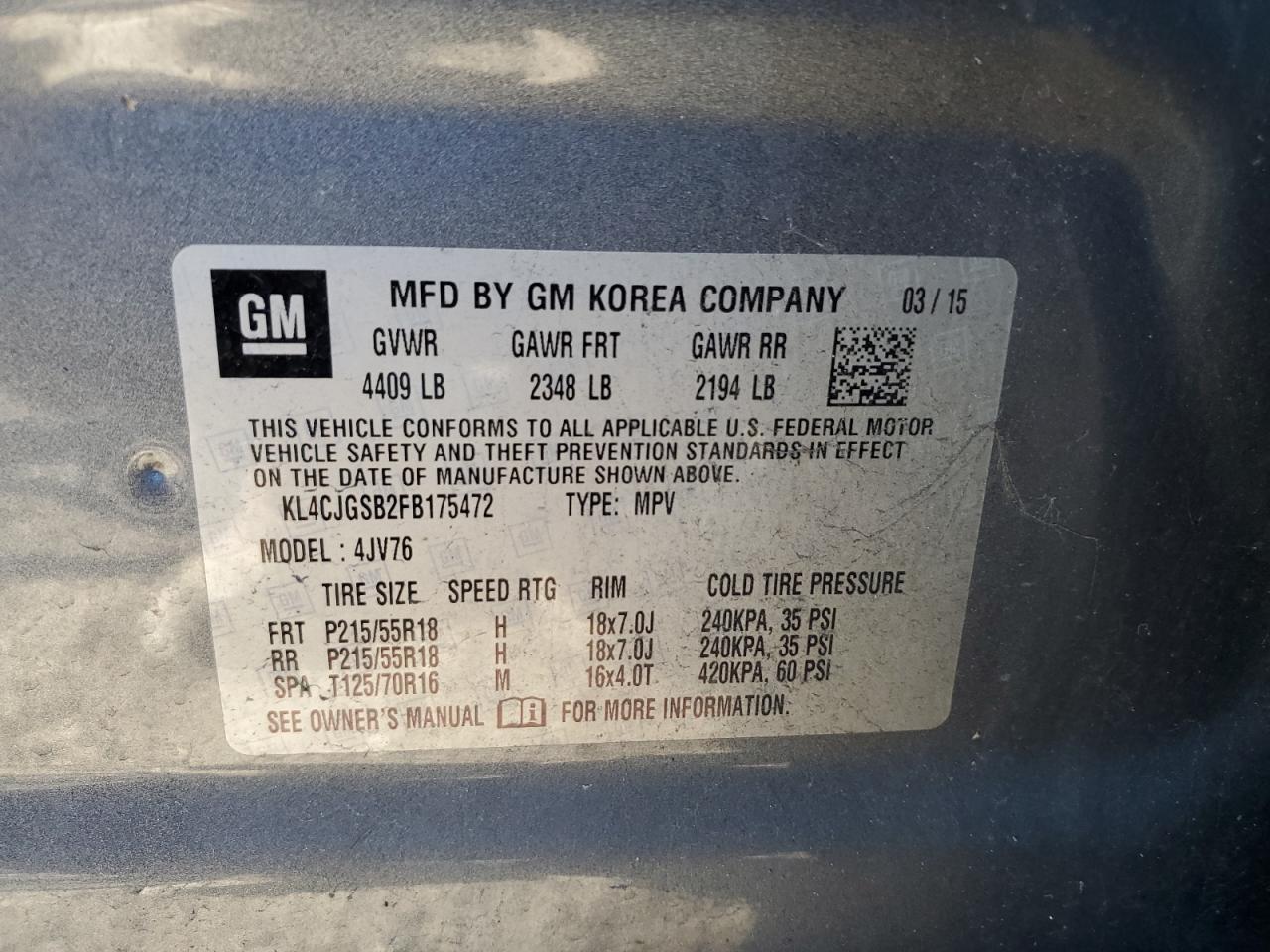 2015 Buick Encore VIN KL4CJGSB2FB175472 Copart auction photo, mechanical damage thumbnail 13