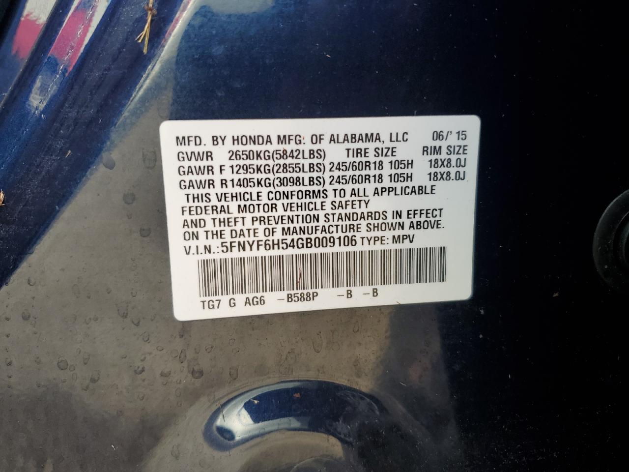 2016 Honda Pilot VIN 5FNYF6H54GB009106 Copart auction photo, water/flood damage thumbnail 14